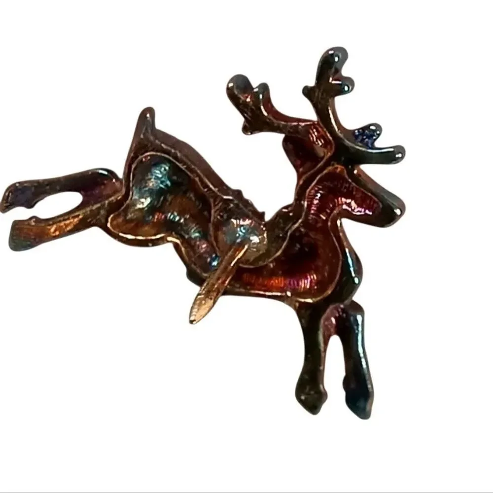 AVON Festive Reindeer Pin Signed Broach Gold Tone Red